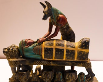 Egyptian god Anubis, the god of mummification Anubis statue with the canopic jars to store organs, made in Egypt with care and love