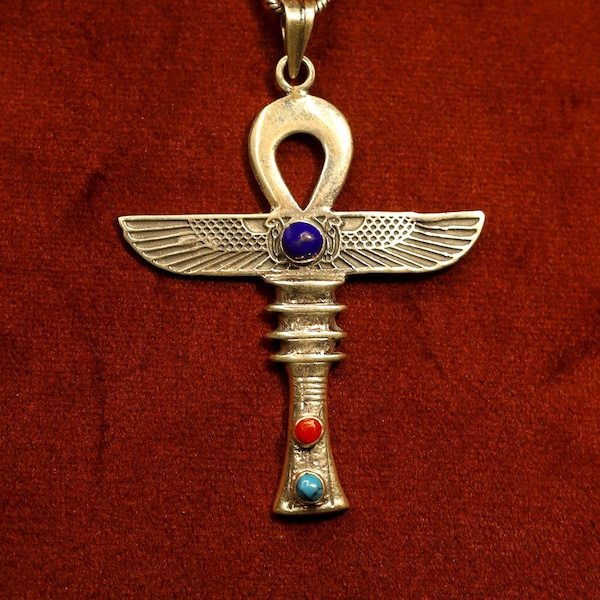 Sacred Symbolism: Ankh Key Pendant Necklace with the wings for protection, made in Egypt