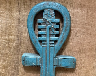 Ancient Egyptian Key of Life Ankh with God Osiris Djed, made from Flamestone, Blue ankh key.