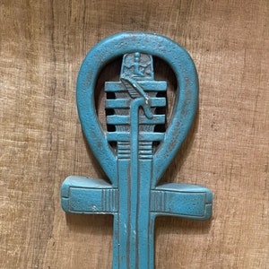 Ancient Egyptian Key of Life Ankh with God Osiris Djed, made from Flamestone, Blue ankh key.
