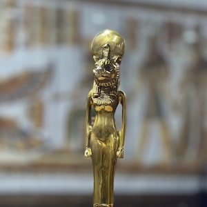 unique statue Ancient Egyptian Sekhmet Goddess, Goddess Sekhmet statue made from Solid heavy stone with gold plated. Egyptian Goddess.