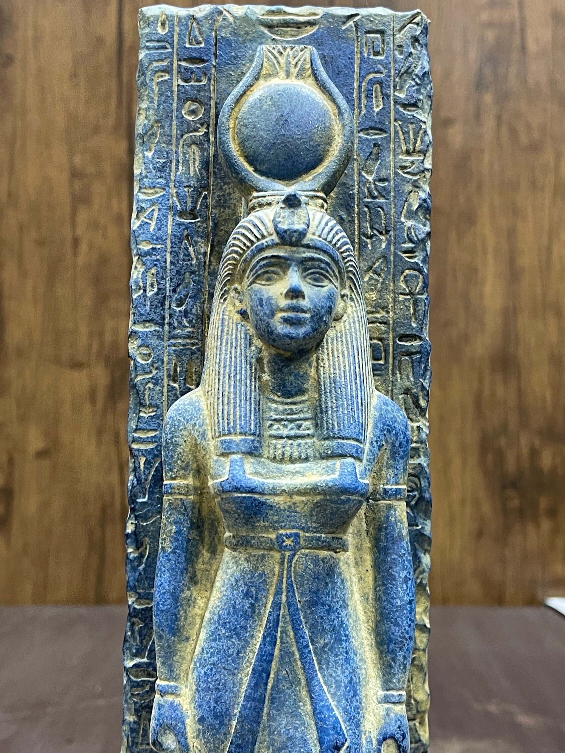 Egyptian goddess Isis statue with special cartouche, Isis statue with spiritual inscription. 12.5" in Height.