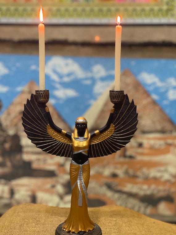 Egyptian Goddess Isis statue, Egyptian Isis candle holder statue. Hand-Painted Ancient Egyptian Isis goddess.