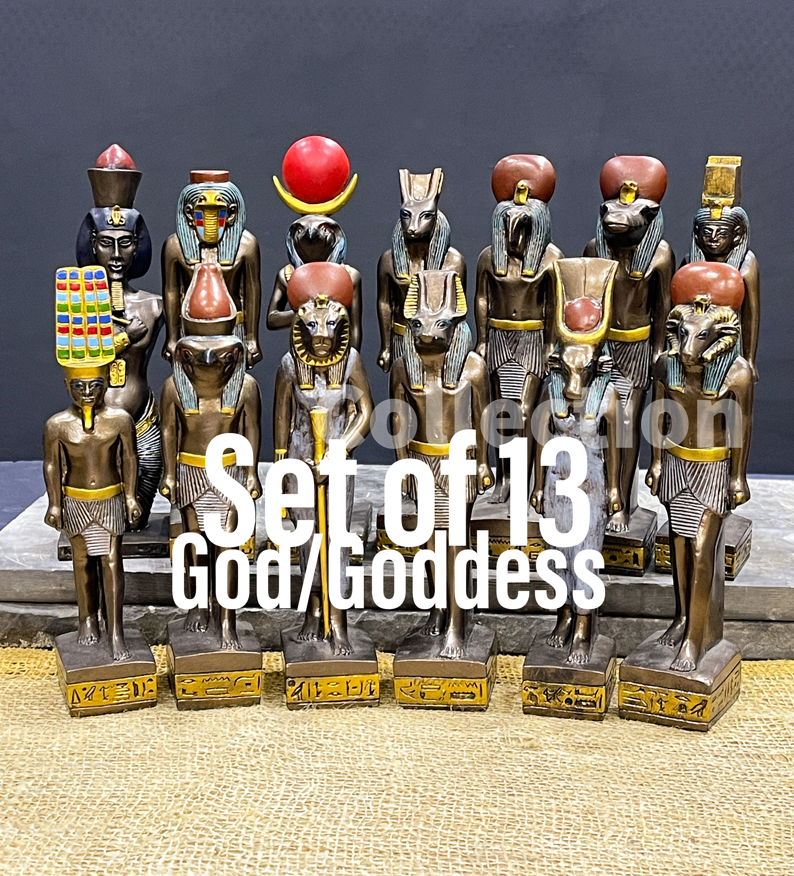 Set of 13 Ancient Egyptian Deities, Anubis, God Seth, Hathor