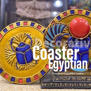 Egyptian Pharaonic coasters, Egyptian style coasters. Decorative coasters. round cup coasters, winged scarab coasters.