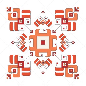 Könnte beinhalten: Ein symmetrisches geometrisches Muster in Rot, Orange und Weiß. Das Muster besteht aus Quadraten und Rechtecken und hat ein modernes und abstraktes Design.