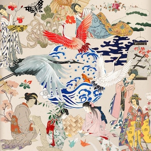 Könnte beinhalten: Eine farbenfrohe Collage mit Kranichen, Schmetterlingen und stilisierten Figuren in traditioneller japanischer Kleidung. Der Hintergrund zeigt ein Wellenmuster und florale Motive.