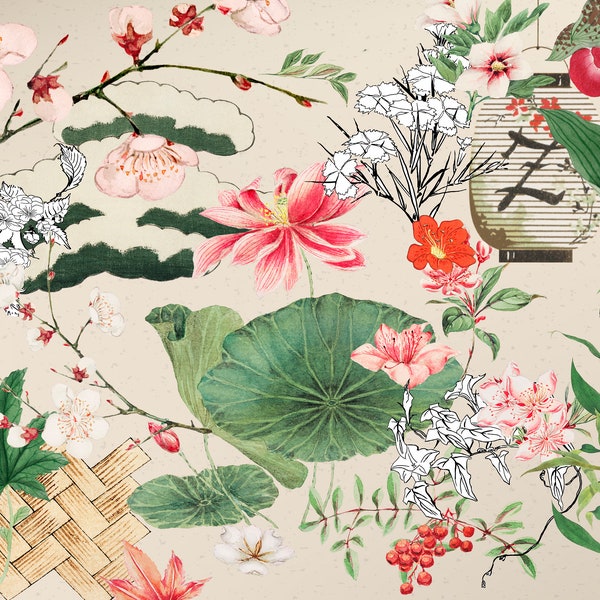 Floral Asian Oriental Botanical Style Digital Collage Sheet,  Blossom PNG, Clip Art, Embellishments, Instant Download