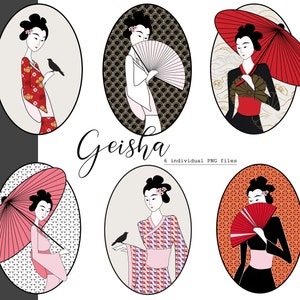 Geisha Digital Art, Donne giapponesi, Stile orientale asiatico, 6 file PNG individuali, ClipArt, Download istantaneo