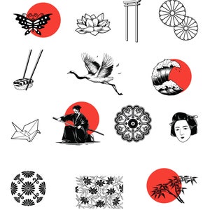 Japanese, Asian Silhouettes, Ornaments, Digital Files Bundle, Clipart, SVG, PNG