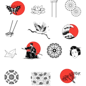Könnte beinhalten: Eine Sammlung japanisch inspirierter Illustrationen in Schwarzweiß, darunter ein Schmetterling, ein Kranich, eine Welle, ein Samurai, eine Lotusblume, ein traditionelles Tor, ein Blumenmandala, ein Frauen Gesicht, eine Bambuspflanze, eine Sushirolle, ein Papierkranich und ein Blumenmuster.