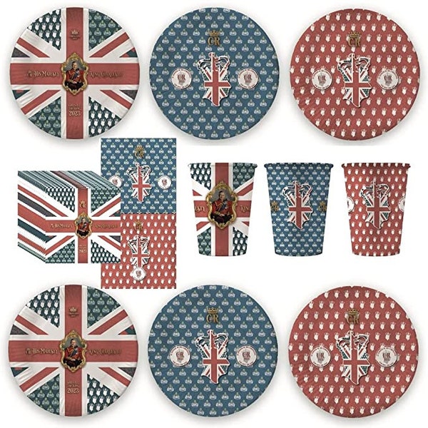 King Charles III Coronation Decorations Party Supplies Union Jack Vintage Retro Tableware Set - Union Jack Napkins + Cups + Paper Plates