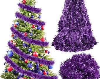 Purple Tinsel Chunky 2M 6.5FT Christmas Tree Garland, Xmas Hanging Decoration Festive Metallic Flakes Colourful Garland Can be Personalised