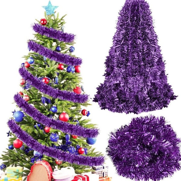 Purple Tinsel Chunky 2M 6.5FT Christmas Tree Garland, Xmas Hanging Decoration Festive Metallic Flakes Colourful Garland Can be Personalised