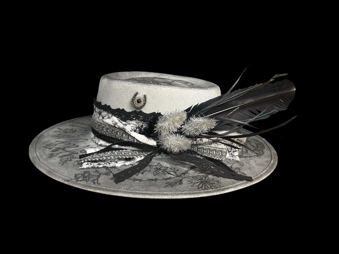 Custom Designed Hand Burned Flat Round Crown Wide Brim Hat. Size Medium ...