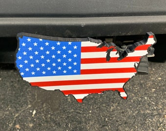 American Flag Country Shaped 2" Trailer Hitch Plug Cover USA