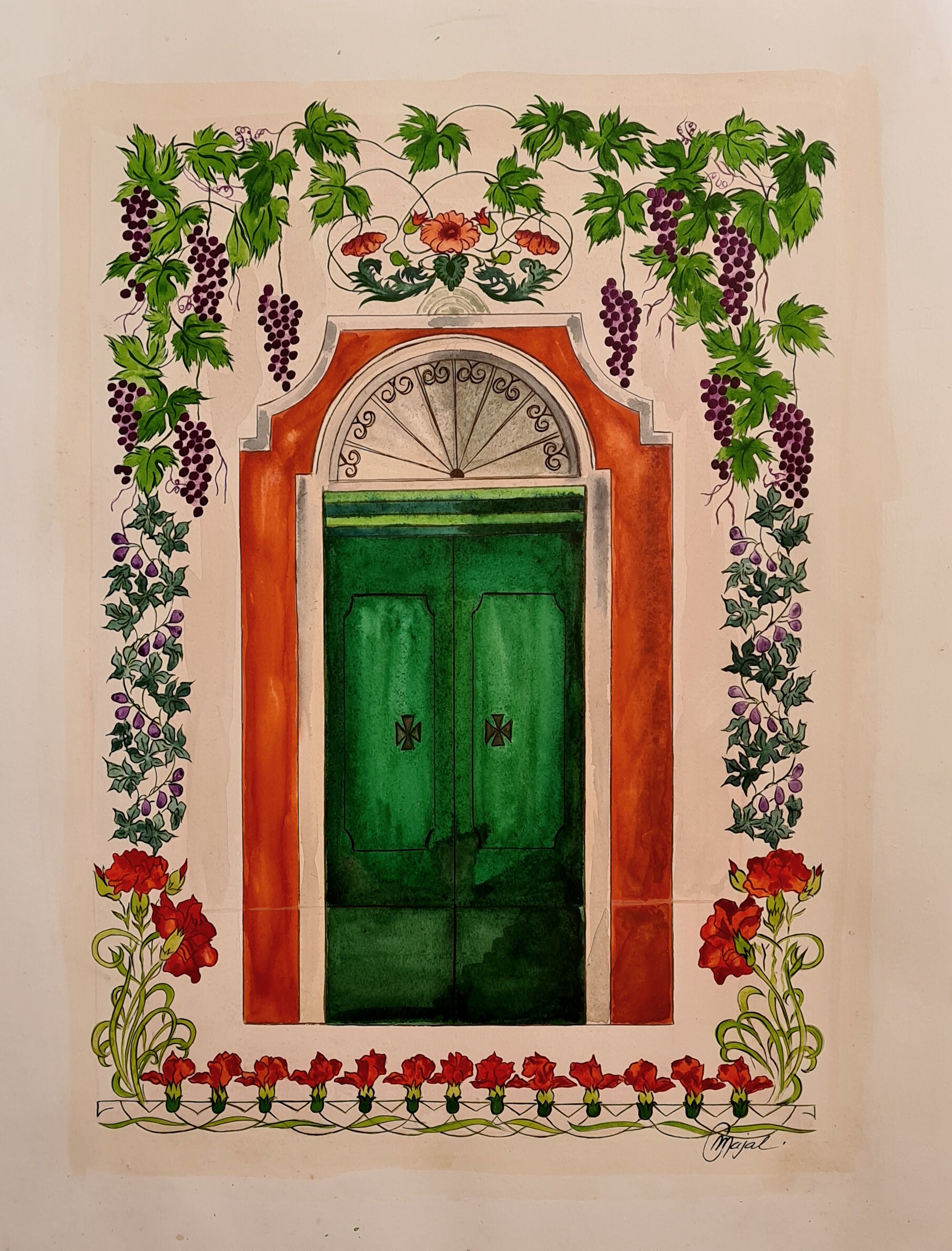 Aquarelles Portes Anciennes et Enluminures Florales, Style Art Nouveau