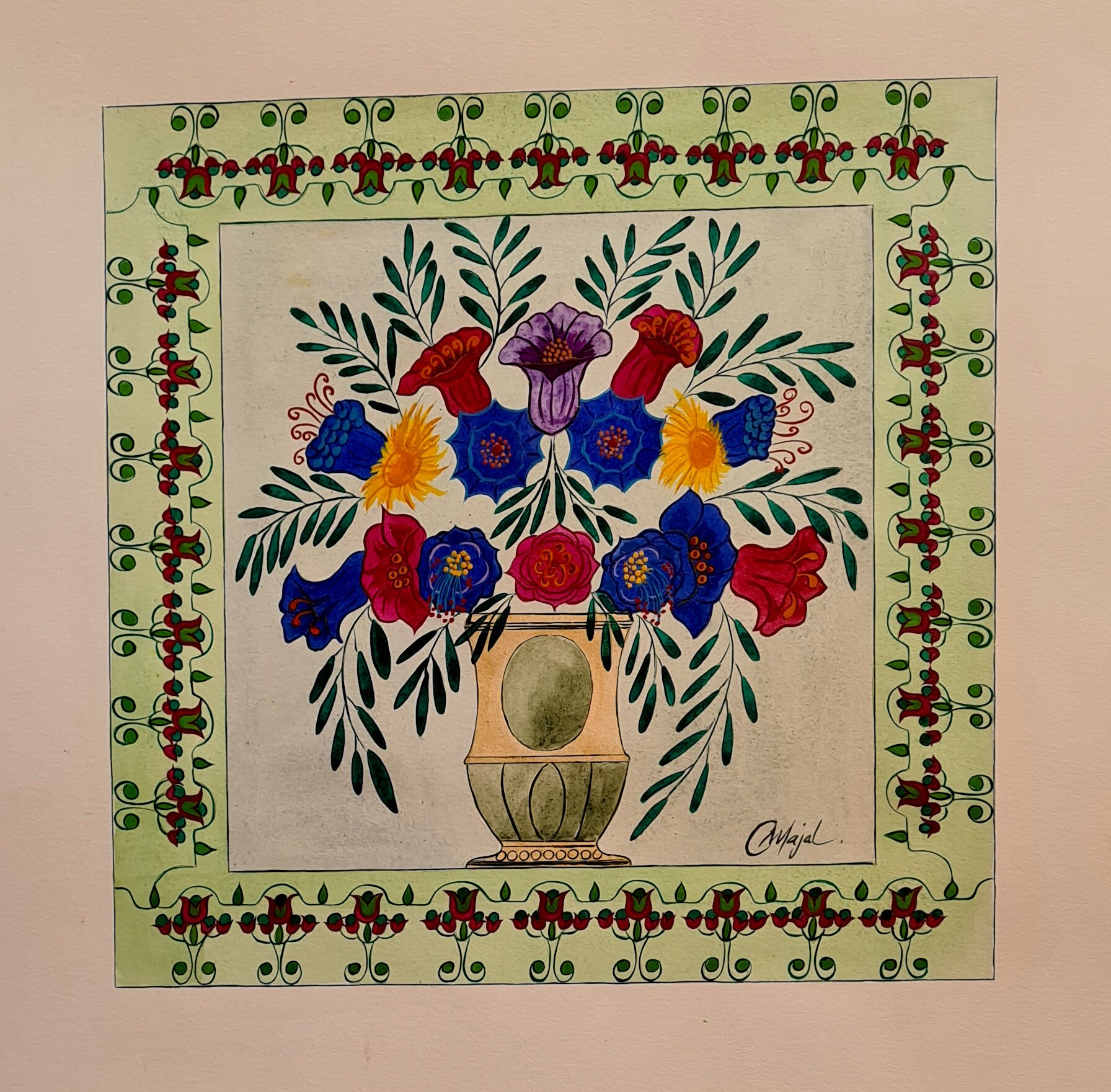 Aquarelles Fleurs et Potiches avec Enluminures Florales, Inspiration Art Nouveau