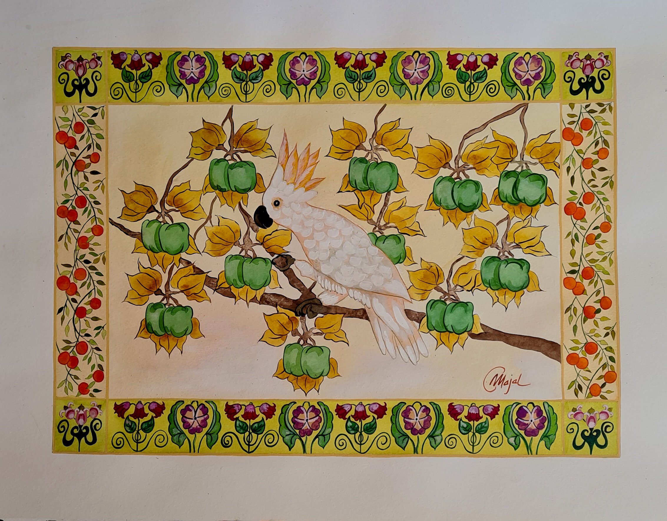 Aquarelles Oiseaux Exotiques et Enluminures Florales, Inspiration Art Nouveau