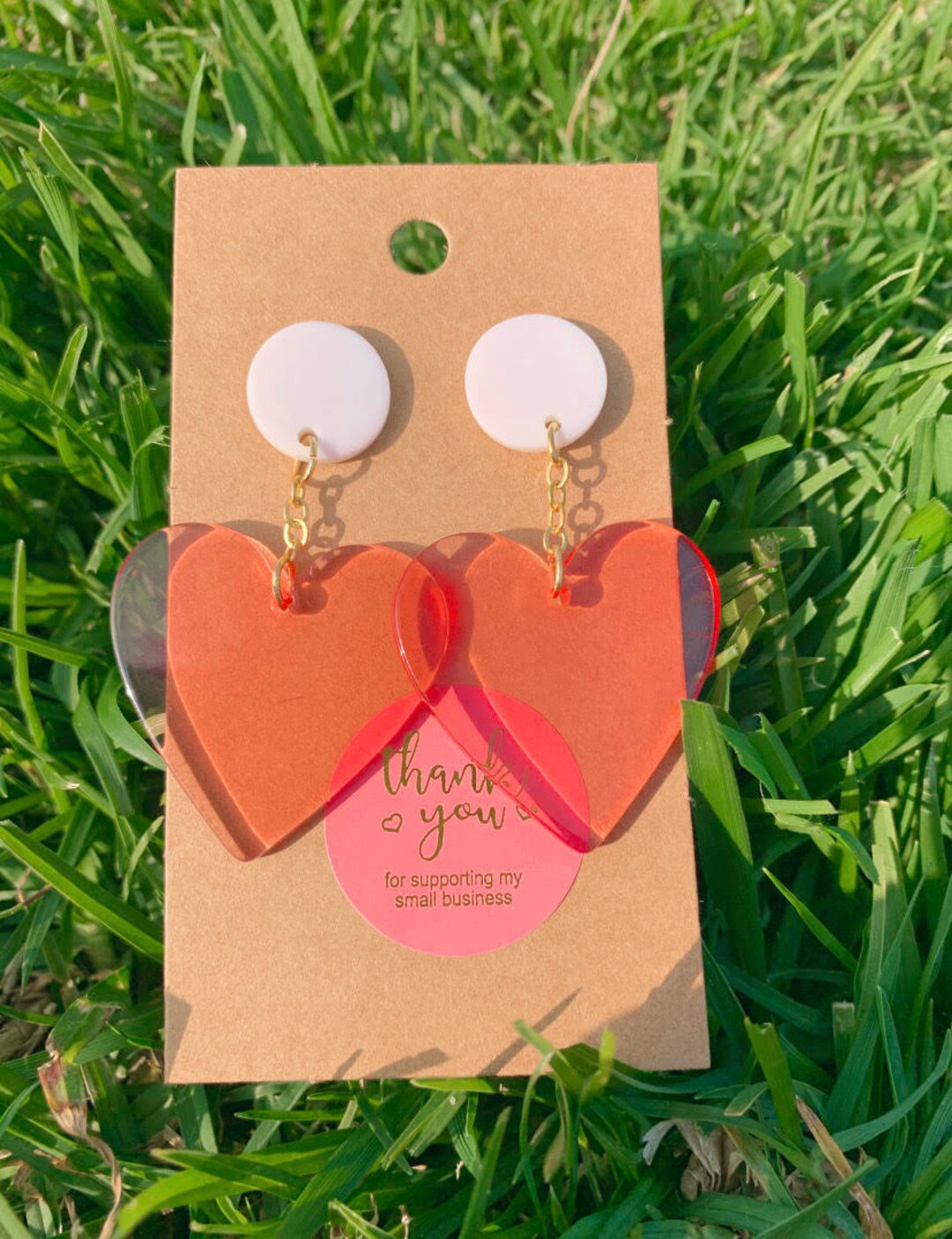 Red Heart Earring With White Circle Chain Stainless Steel Acrylic