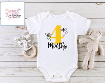 Four Month Onesie With Bee four Month Onesie 4 Month Bumble Bee DTG Happy Monthday Girl Boy Bumble Bee Outfit Etsy