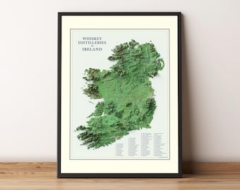 Distilleries de whisky irlandais d'Irlande - Carte en relief ombrée moderne - Art mural