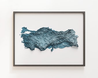 May include: A framed map of Turkey with a 3D embossed design. The map is in shades of blue and gray, showing the country's topography.