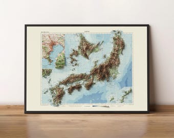 Japan - Vintage Topographic Map c. 1958 - Shaded Relief Map