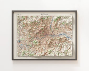 Mappa topografica di Londra (c.1955) - Mappa d'epoca - Mappa in rilievo ombreggiato