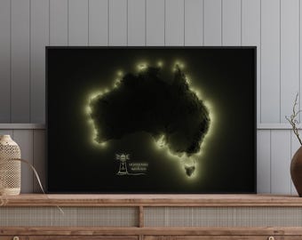Fari dell'Australia - Mappa moderna in rilievo ombreggiato - Arte murale