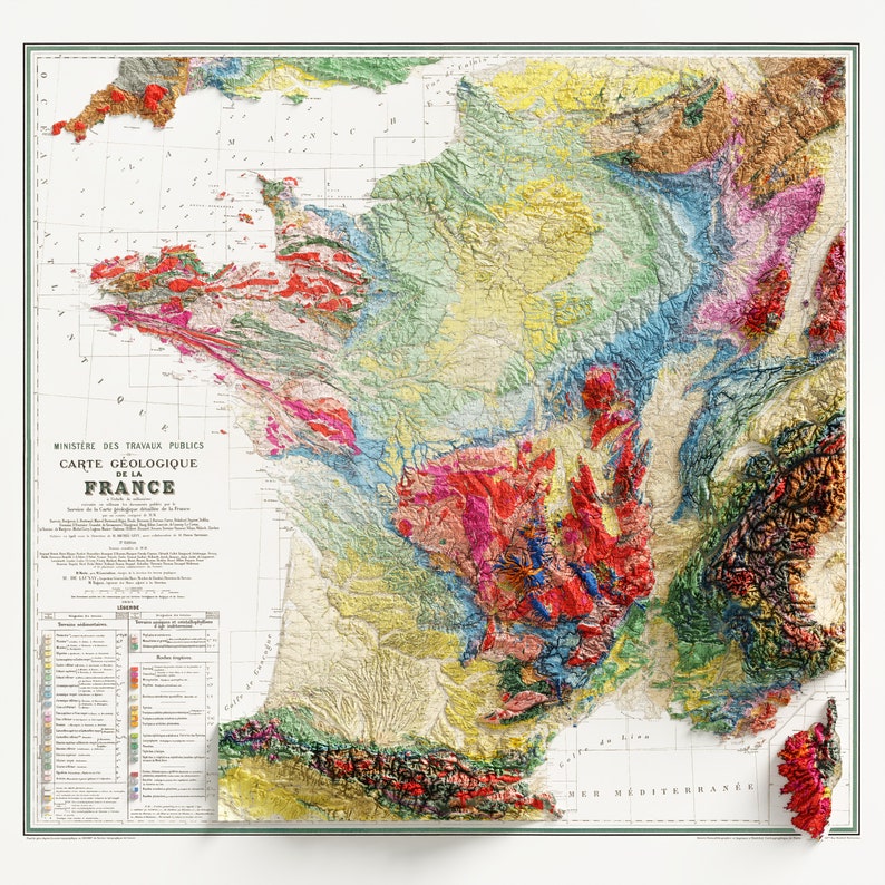 Carte Géologique de la France - France Geological Map - Vintage Geology - Shaded Relief Map image 5