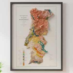 Geologische kaart van Portugal (ca. 1899) - Vintage geologiekaart - gearceerde reliëfkaart