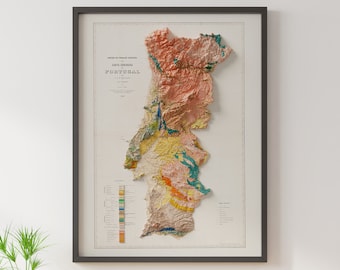 Geologische Karte von Portugal (um 1899) - Vintage Geologie Karte - Schattiertes Relief