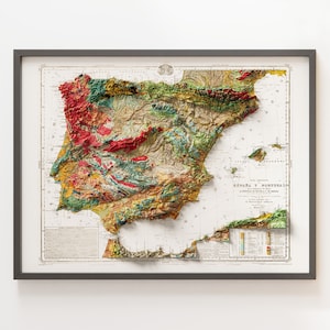 Carte géologique de l'Espagne et du Portugal (vers 1879) - vintage - carte en relief ombrée