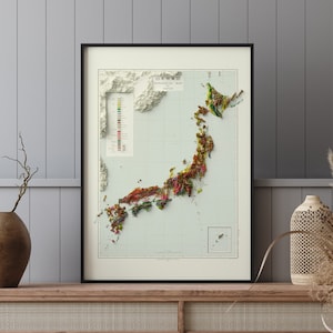 Japon - carte géologique vintage v. 1956 - Carte en relief ombrée
