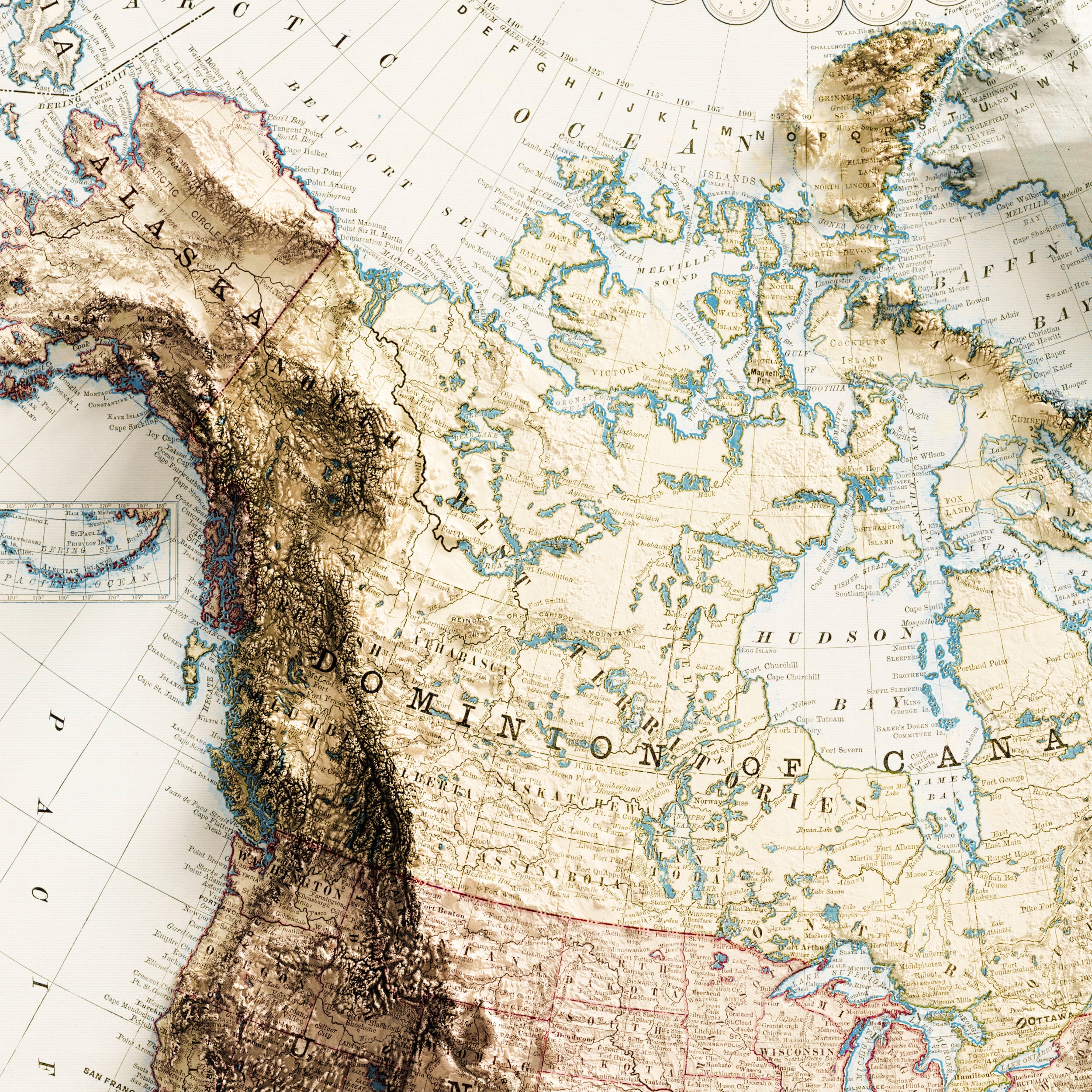 北アメリカ - 1892 年頃のビンテージ地形図 - 陰影付きレリーフ マップ