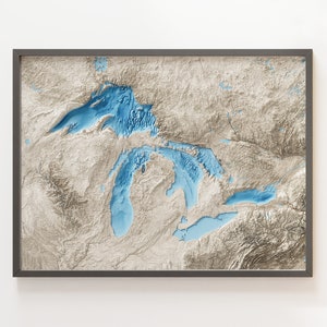 Great Lakes - Bathymetry Shaded Relief Map - Natural Topography