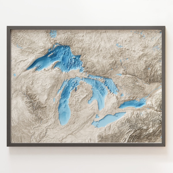 Great Lakes - Bathymetry Shaded Relief Map - Natural Topography