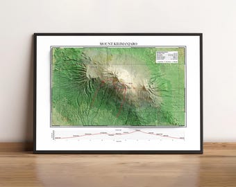 Carte de la randonnée du mont Kilimandjaro, Tanzanie - Carte en relief ombrée