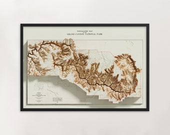 May include: A topographic map of Grand Canyon National Park, printed in brown and white on a white background. The map is framed in black.
