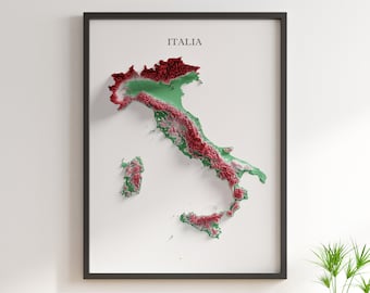 May include: A framed map of Italy with a 3D topographic design. The map is printed in shades of green and red, showing the country's mountainous terrain. The word "ITALIA" is printed in black at the top of the map.