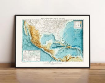 Topographic Map of Mexico, Central America and the West Indies (c.1942) - Vintage Map - Shaded Relief Map