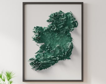 Può includere: Una stampa incorniciata di una mappa topografica 3D dell'Irlanda. La mappa è di colore verde scuro e mostra il terreno montuoso del paese.