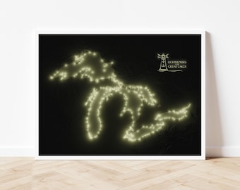 Faróis dos Grandes Lagos - Mapa de Relevo Sombreado Moderno - Arte de Parede