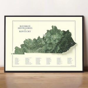 Distilleries de whisky bourbon du Kentucky - Carte en relief ombrée moderne - Art mural