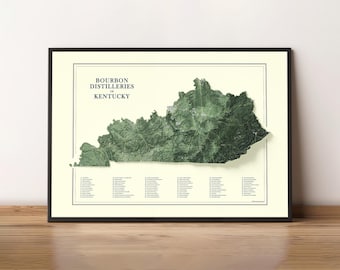 Bourbon Whiskey Distilleries of Kentucky - Modern Shaded Relief Map - Wall Art