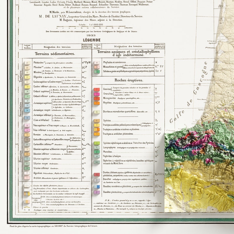 Carte Géologique de la France Geologische kaart van Frankrijk Vintage geologie Schaduwrijke reliëfkaart afbeelding 4