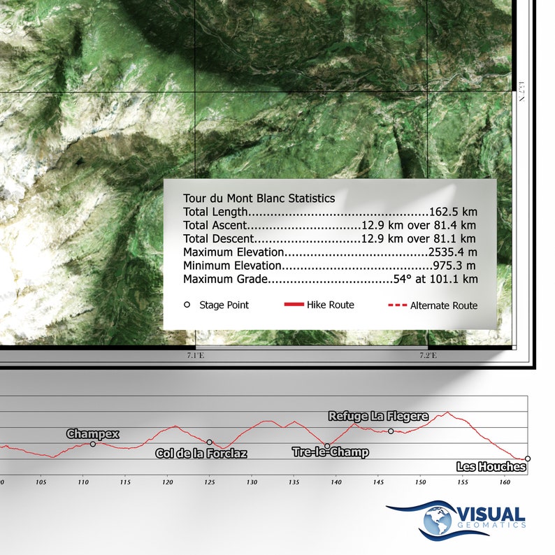 Tour du Mont Blanc Hike, France, Italy, Switzerland Shaded Relief Map image 4