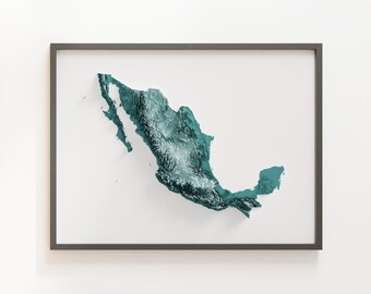 May include: A framed map of Mexico with a teal-coloured 3D relief design. The map is framed in a dark grey frame and is set against a white background.