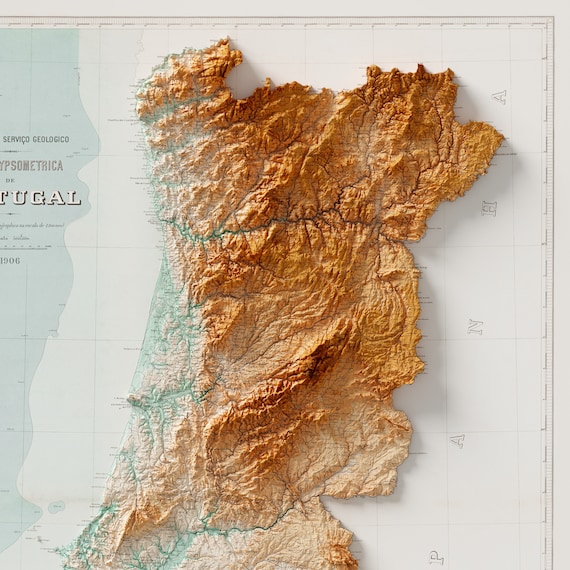 ポルトガルの標高地図 (1906 年頃) - ビンテージ地形図 - 陰影